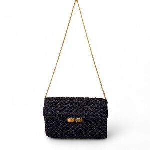 Rodo Navy Woven Crossbody Bag with Gold Chain